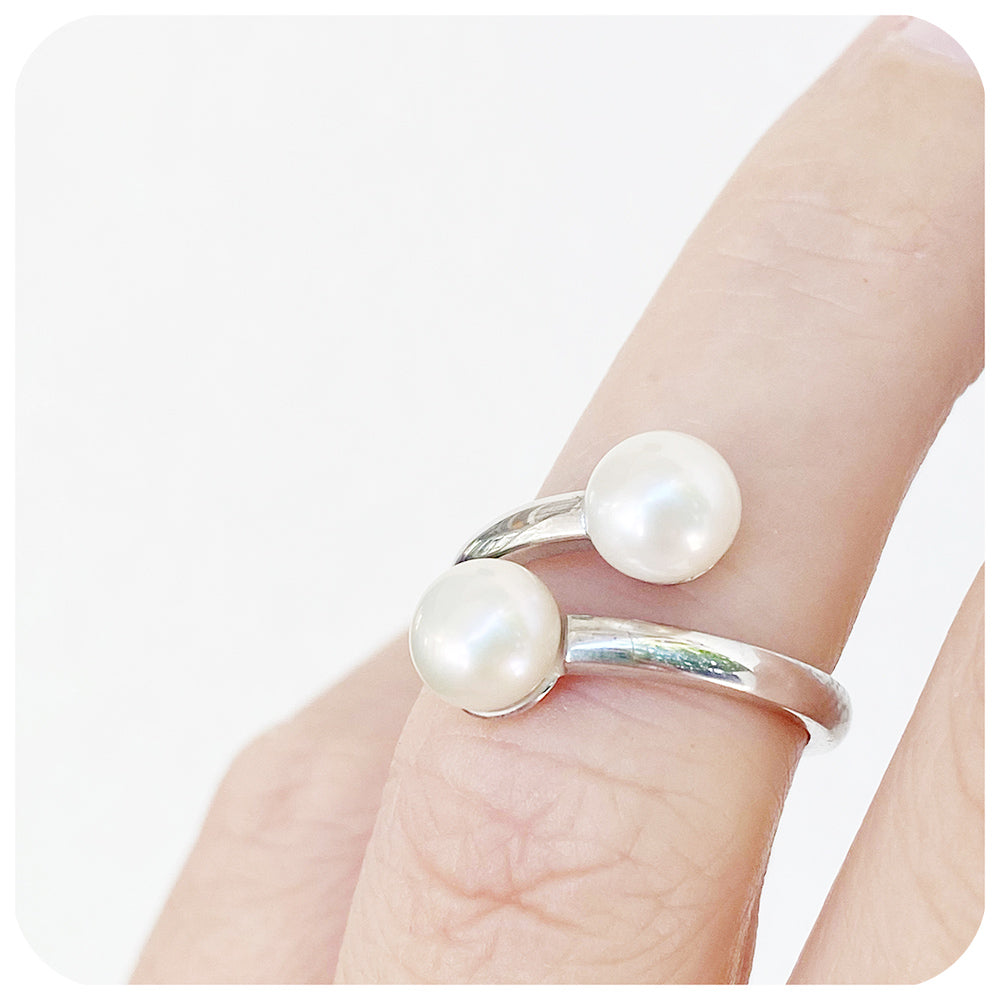White Fresh Water Pearl Wrap-Around Ring Handmade in Sterling Silver