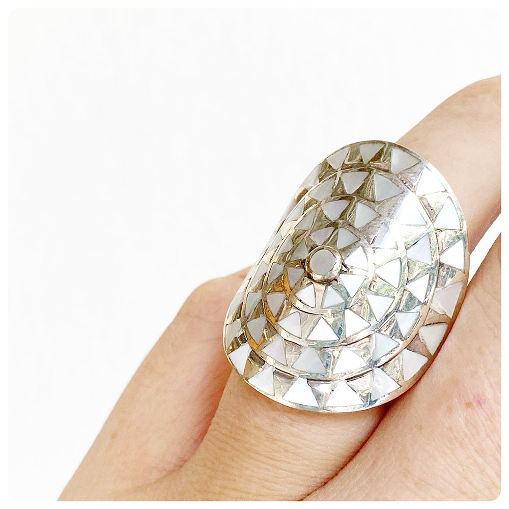 White Mother of Pearl Disc Ring in Sterling Silver