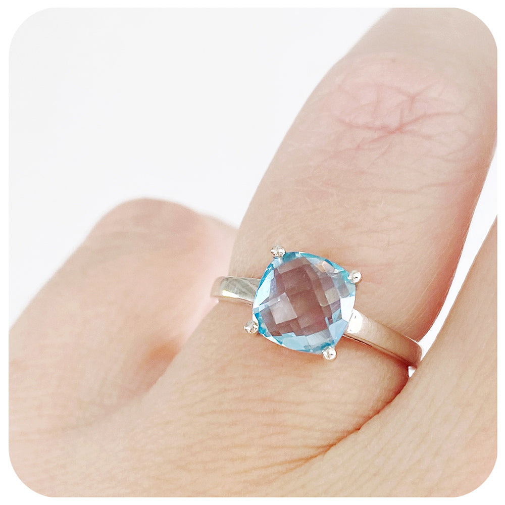 Cushion cut Sky Blue Topaz Solitaire Ring in Sterling Silver