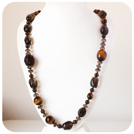The Brown, Smoky Quartz, Tiger Eye and Carved Wood Necklace