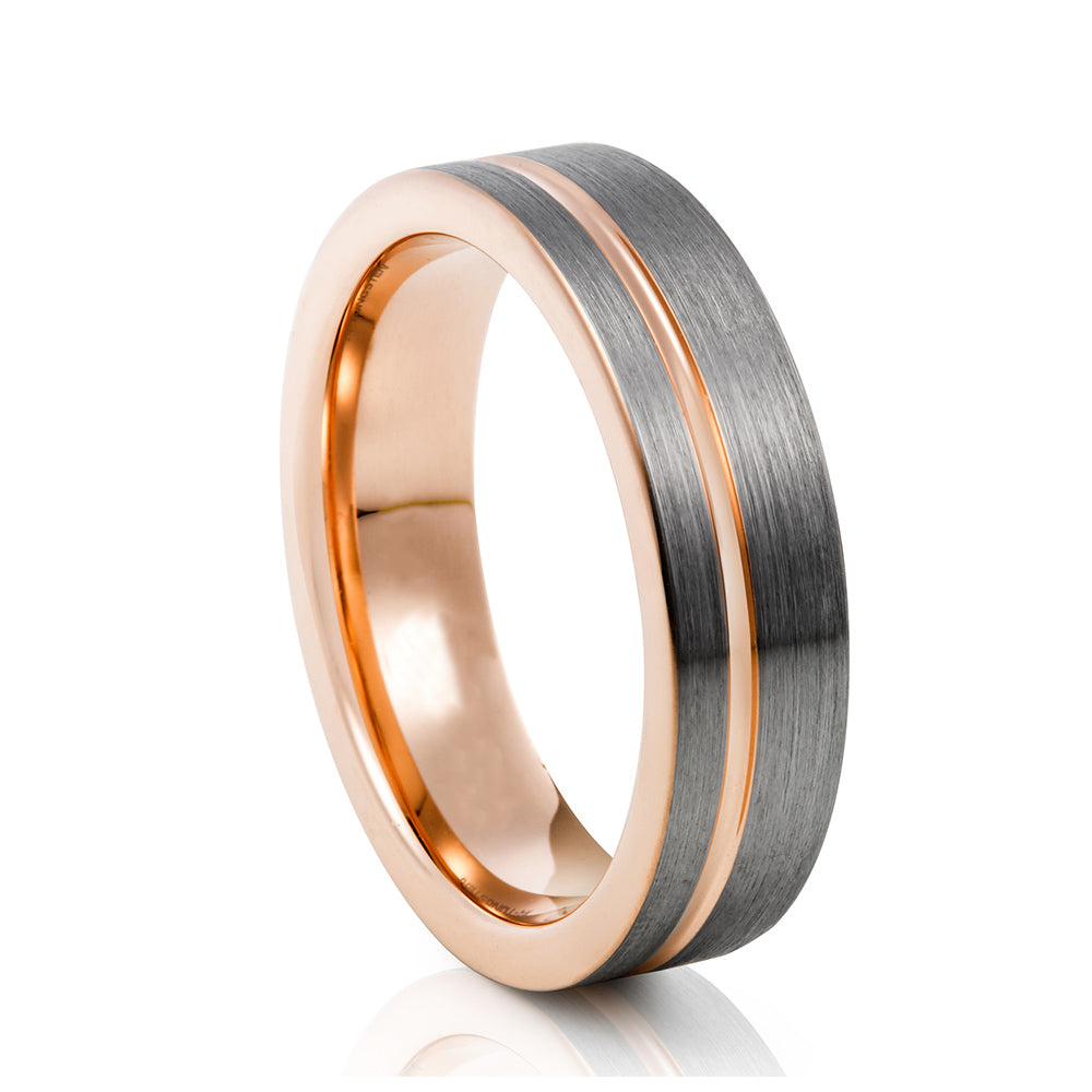 mens tungsten engagement wedding ring with brushed surface and rose gold