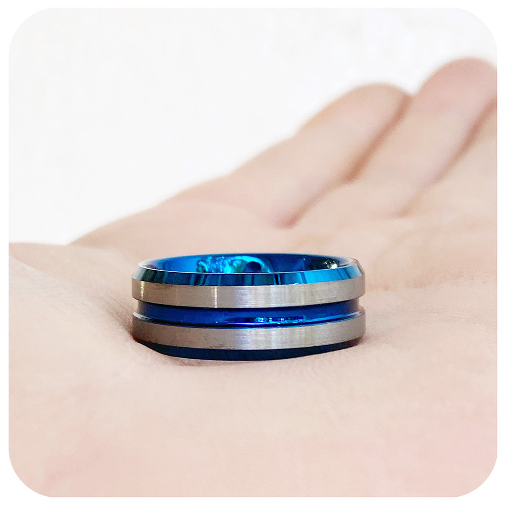 Jasper, The Blue Groove and Brushed Men's Tungsten Ring - 8mm