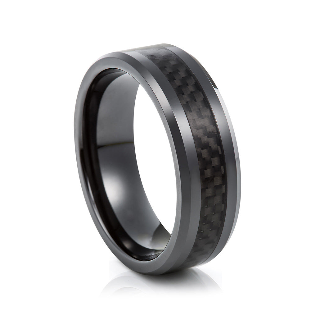 mens engagement wedding ring in tungsten with carbon fibre inlay - Victoria's Jewellery