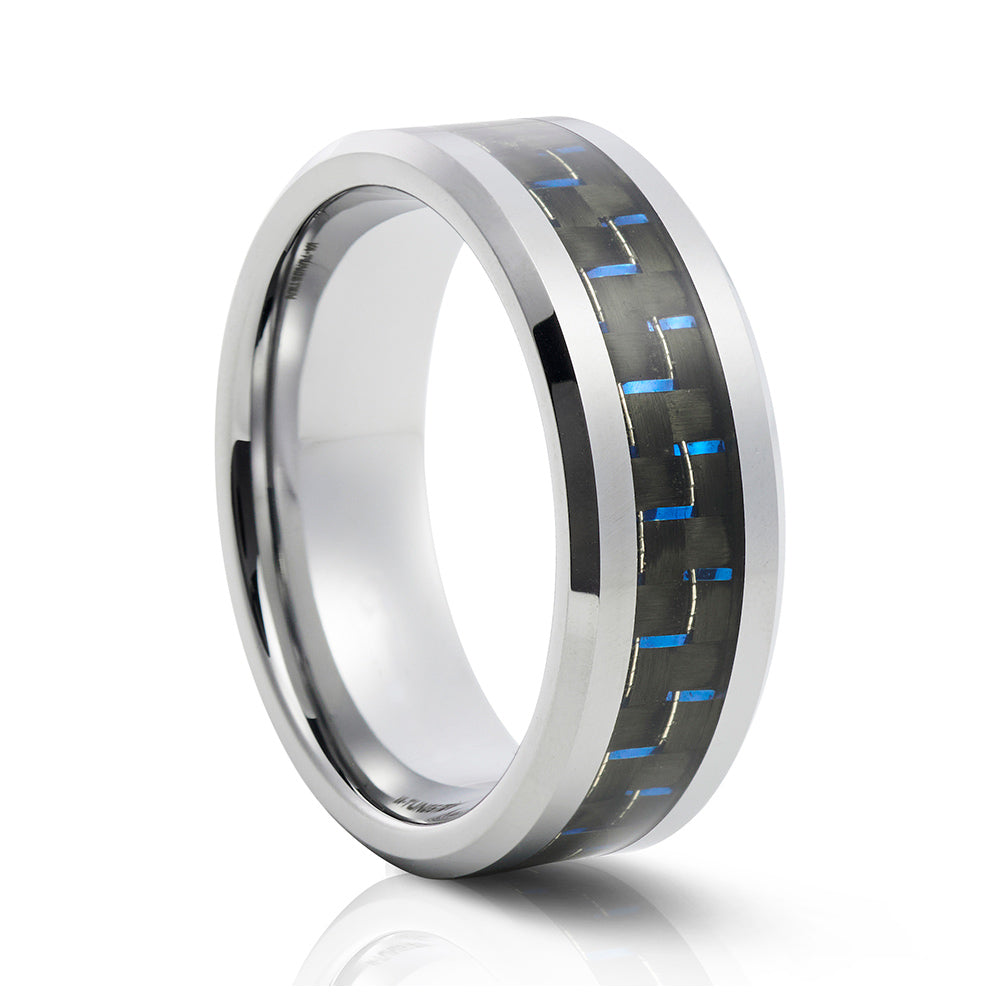mens tungsten engagement wedding ring with blue carbon fibre