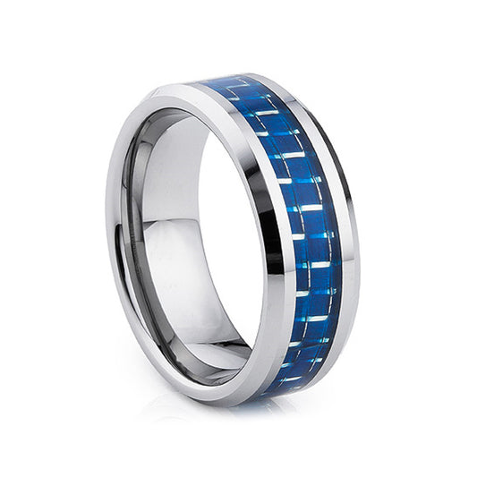 mens tungsten engagement wedding ring with blue carbon fibre