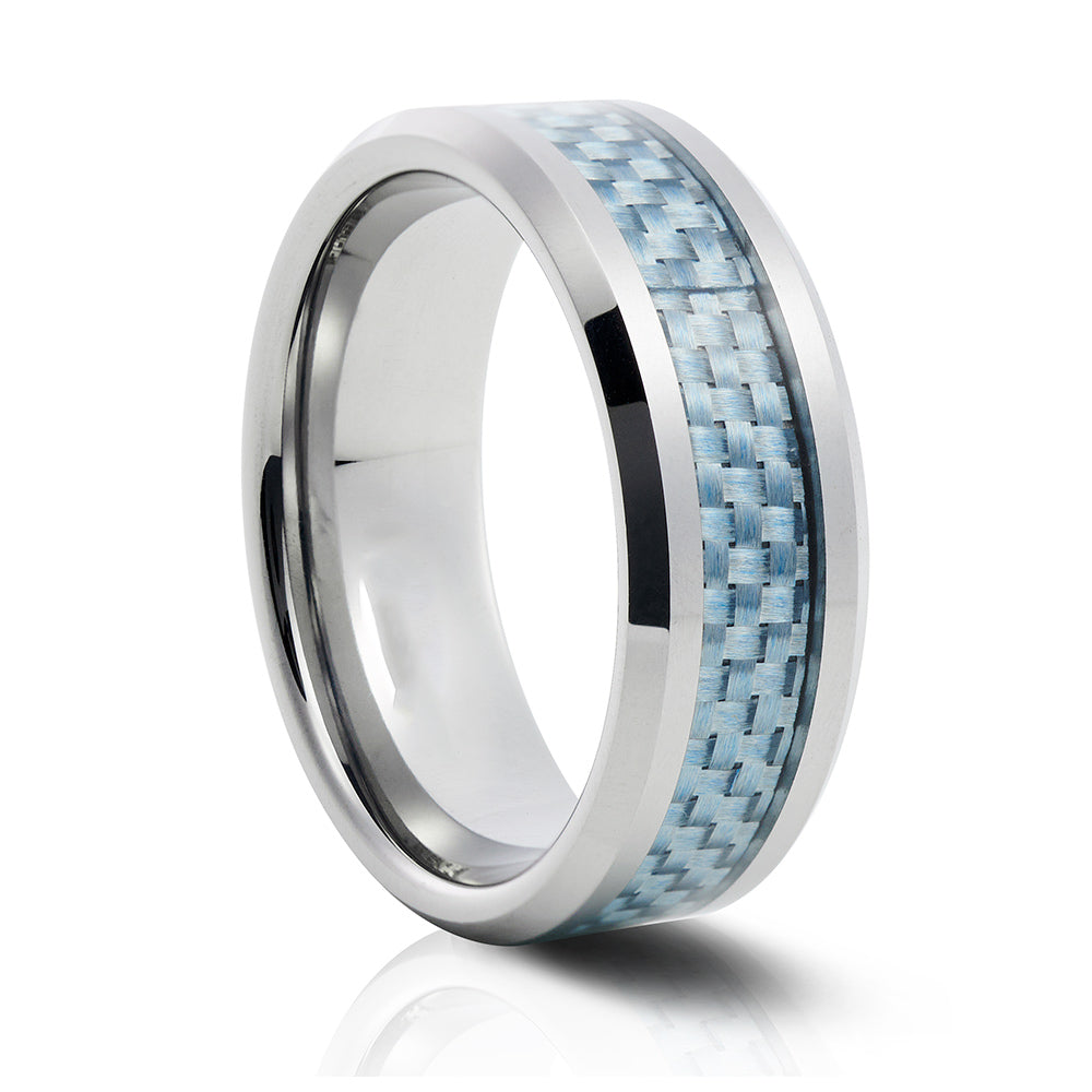 mens tungsten engagement wedding ring with blue carbon fibre