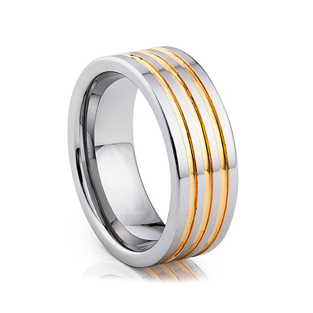Theodore, a Silver Tungsten Men's Ring with Gold Plated Grooves - 8mm