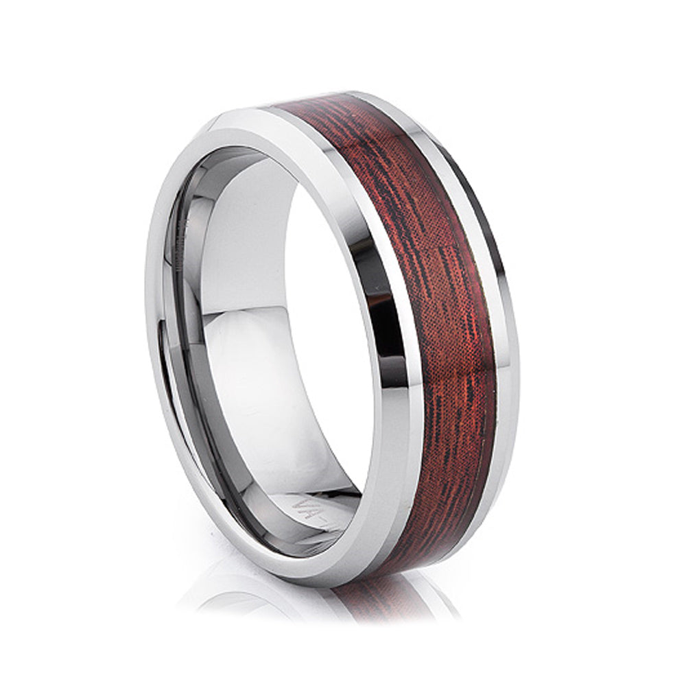 Brookes, The Red Wood Inlay Polished Tungsten Men's Ring - 8mm
