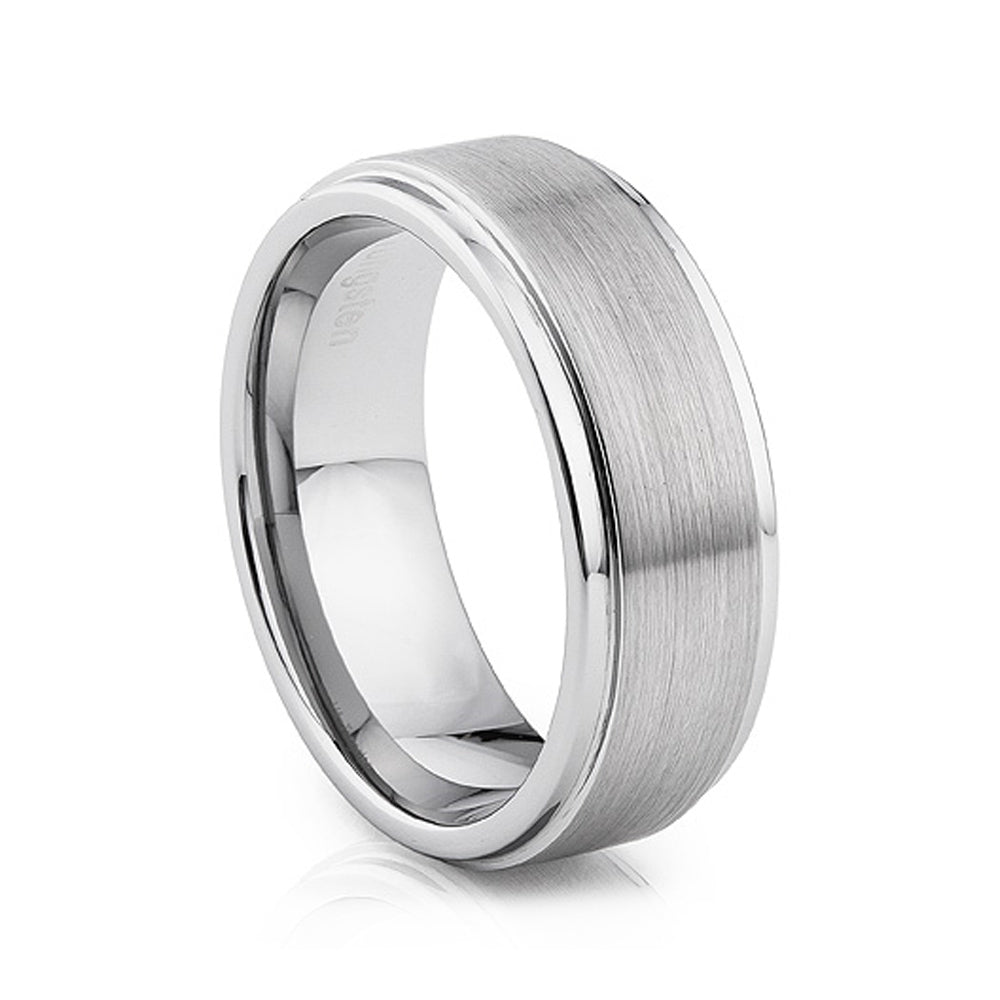 Silver brushed tungsten mens wedding ring with a beveled edge - Victoria's Jewellery