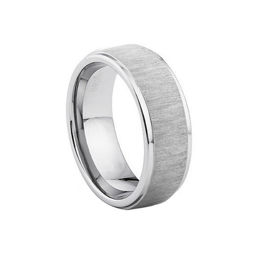 Silver brushed tungsten mens wedding ring with a bevelled edge - Victoria's Jewellery