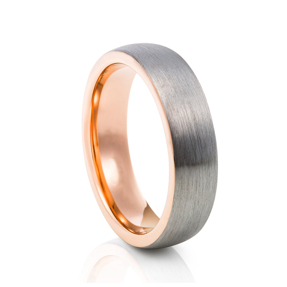 mens tungsten engagement wedding ring with brushed surface and rose gold 