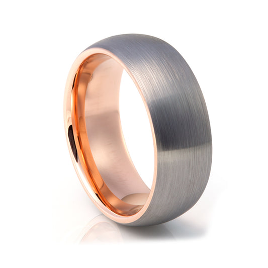 mens tungsten engagement wedding ring in brushed silver with rose gold