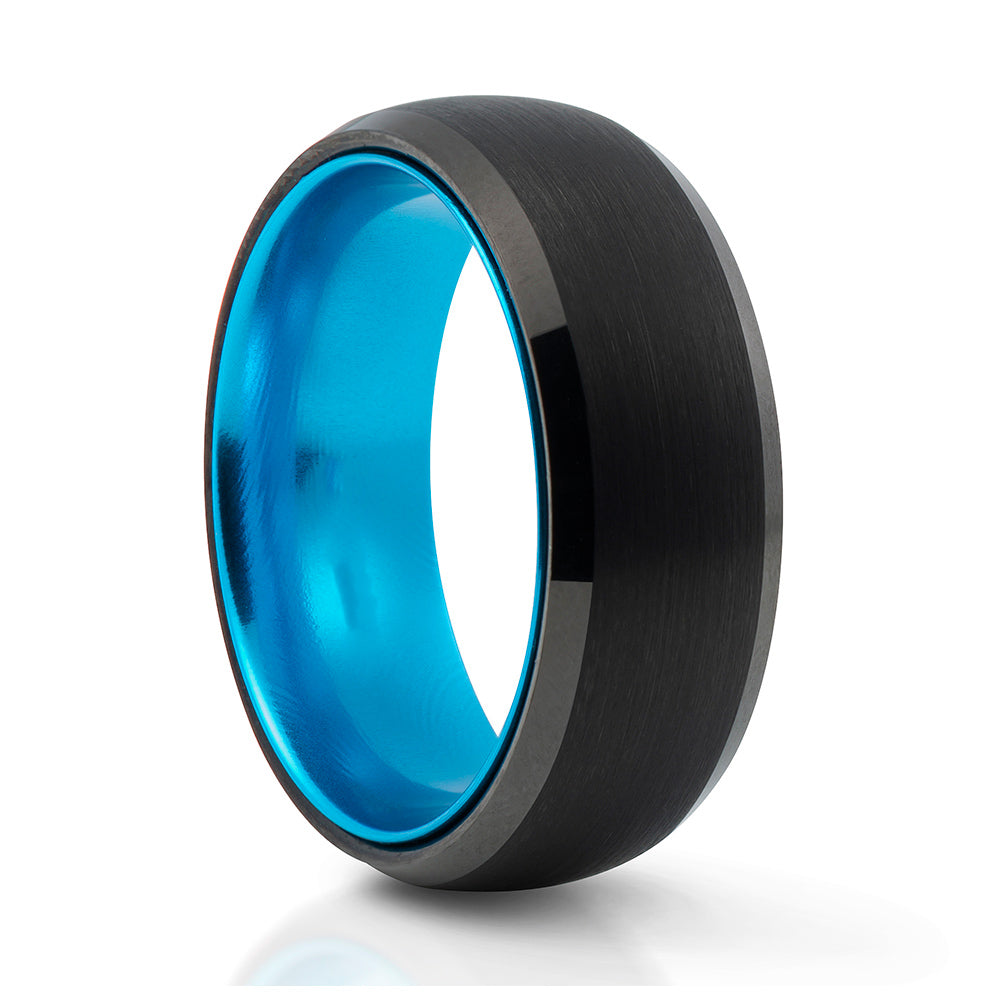 Black brushed tungsten mens ring with bright blue aluminium inner - Victoria's Jewellery