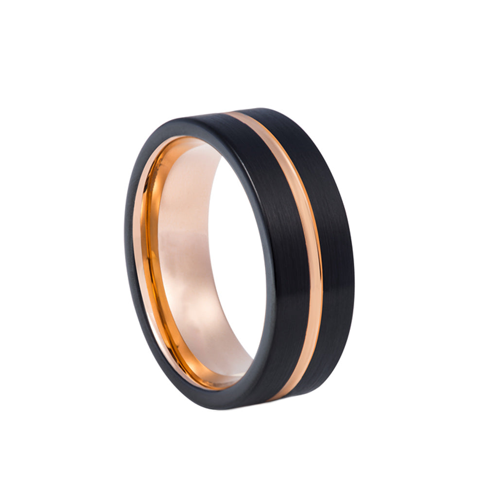 mens tungsten engagement wedding ring with rose gold inlay