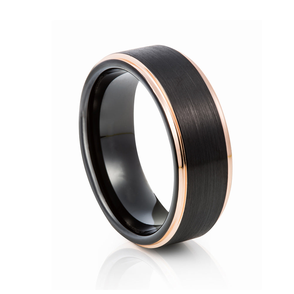 mens tungsten engagement wedding ring with rose gold edges