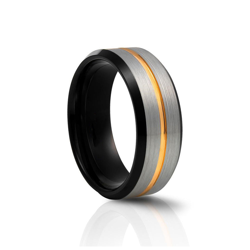 mens tungsten engagement wedding ring with yellow gold groove