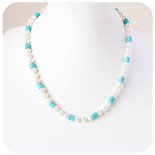 White Fresh Water Pearl and Turquoise Necklace