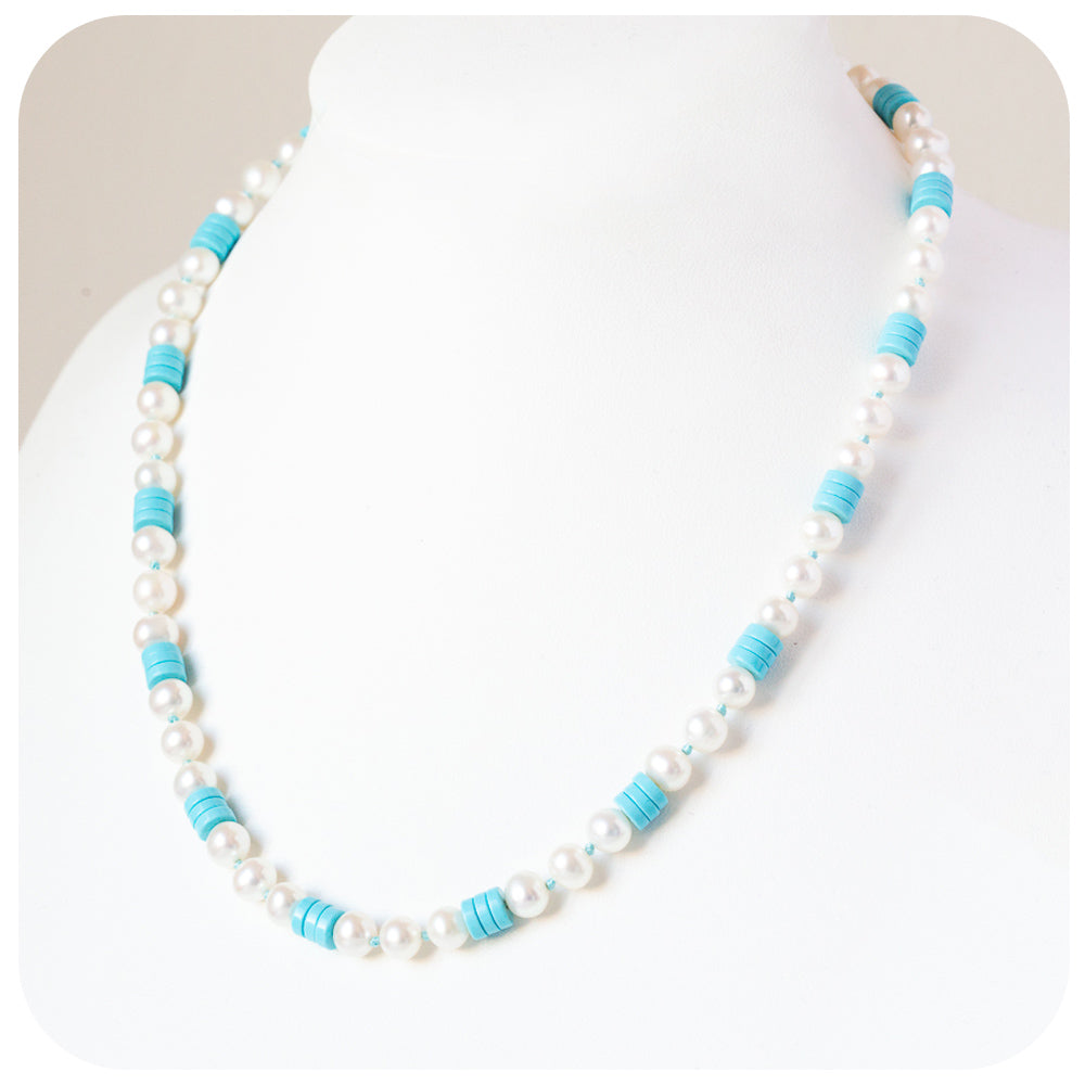 White Fresh Water Pearl and Turquoise Necklace