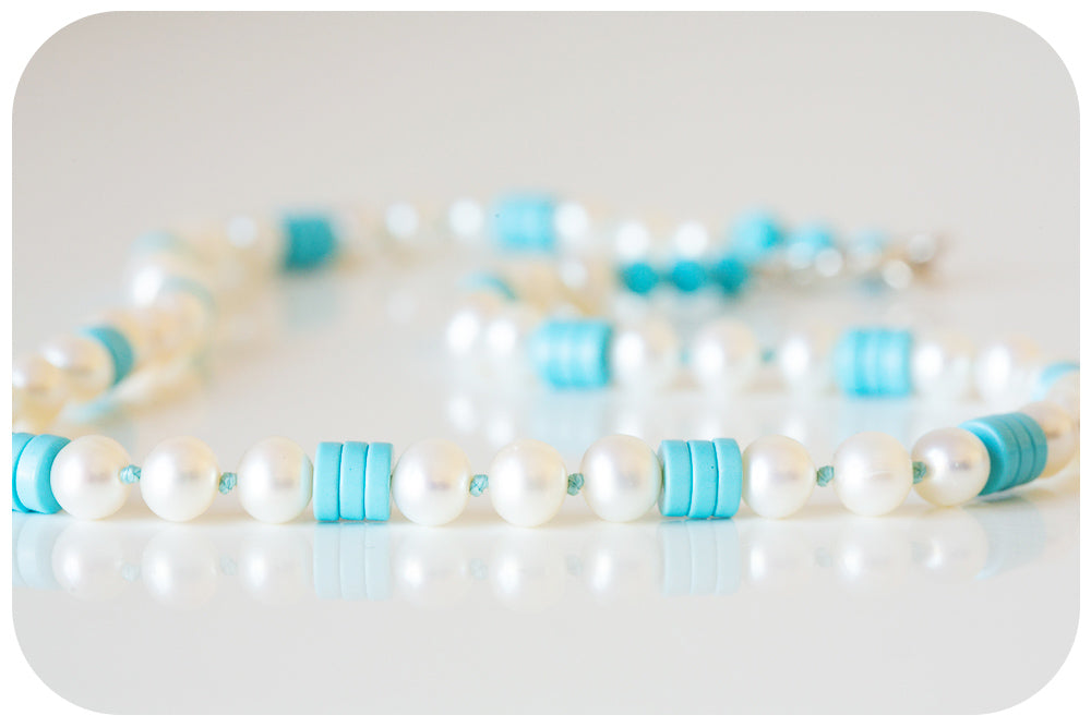 White Fresh Water Pearl and Turquoise Necklace