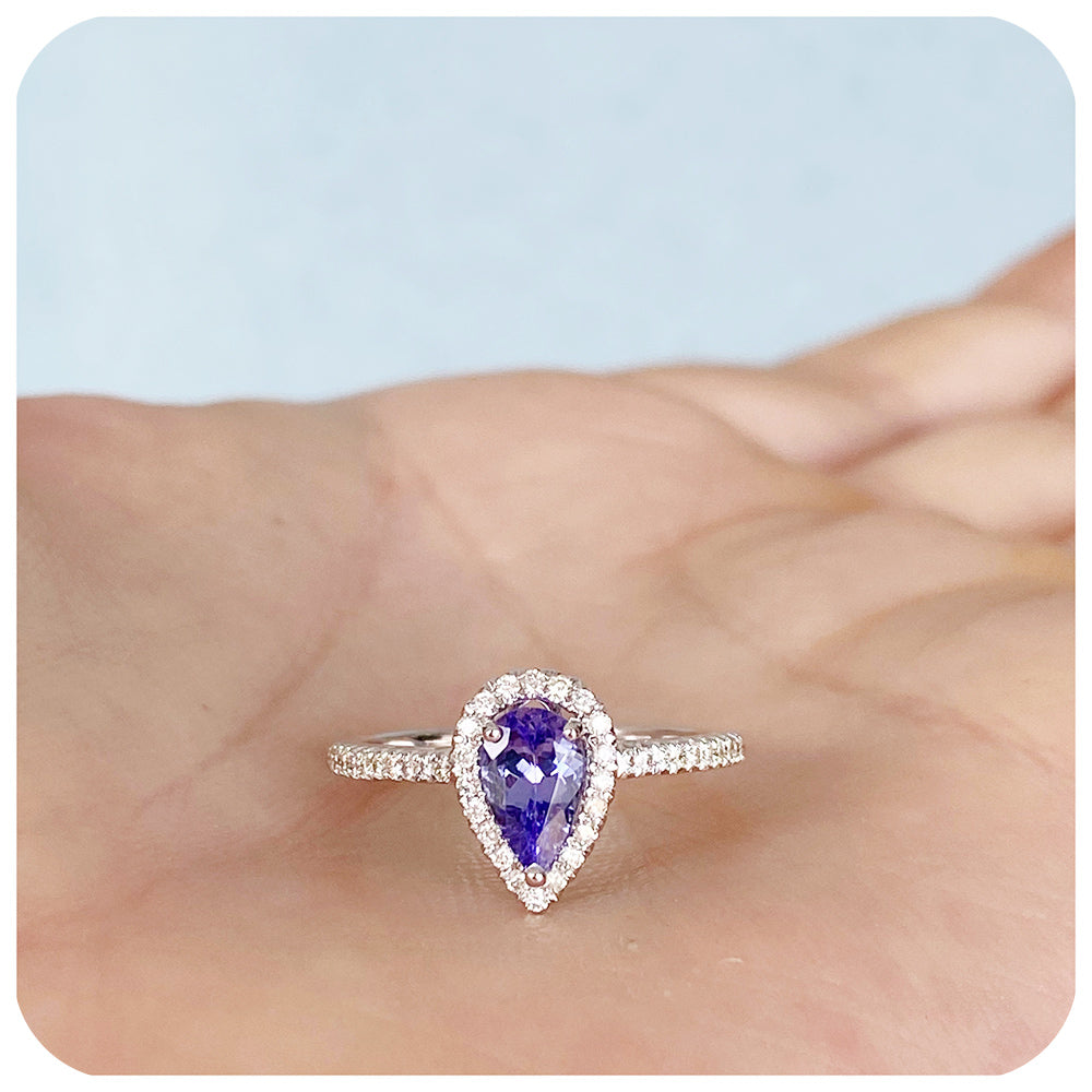 Pear cut Tanzanite and Moissanite Halo Engagement Wedding Ring - Victoria's Jewellery