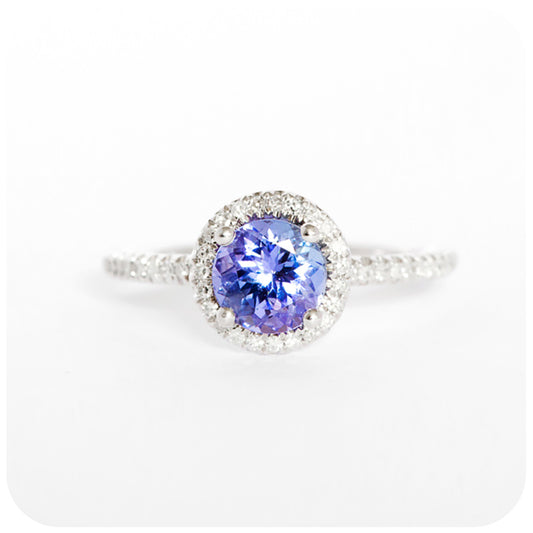 Round cut Tanzanite and Moissanite Halo Engagement Wedding Ring - Victoria's Jewellery