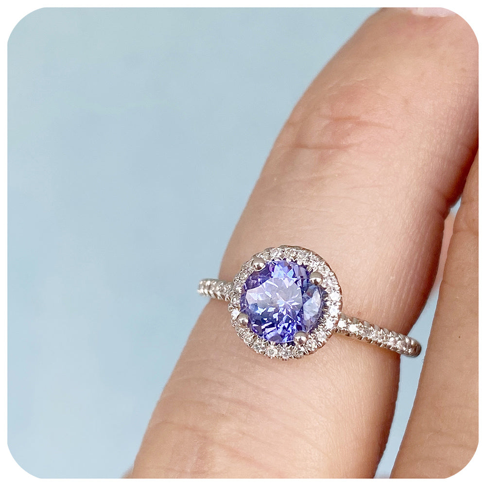 Round cut Tanzanite and Moissanite Halo Engagement Wedding Ring - Victoria's Jewellery