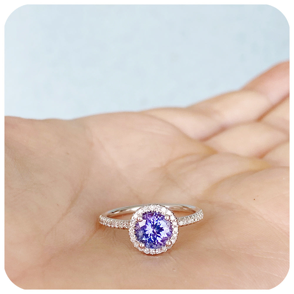 Round cut Tanzanite and Moissanite Halo Engagement Wedding Ring - Victoria's Jewellery