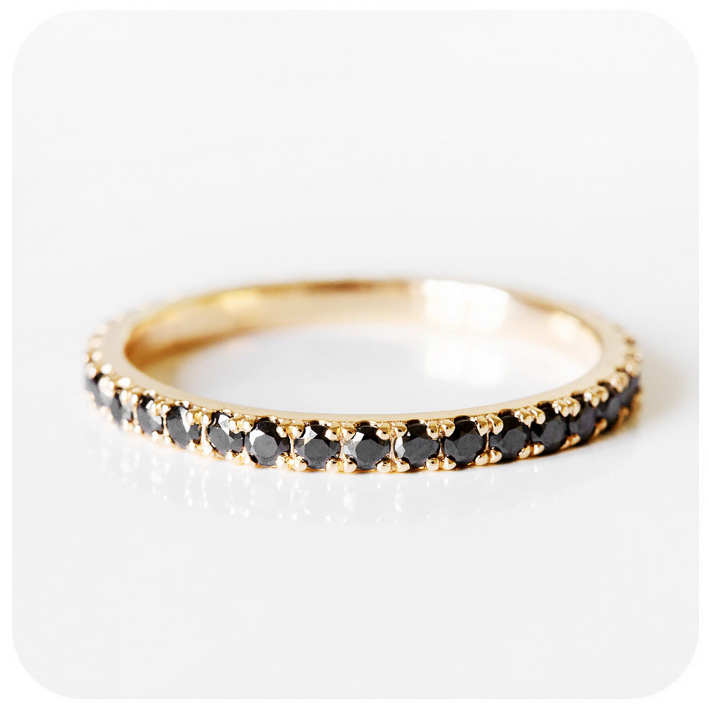 brilliant round cut black moissanite full eternity stack wedding band ring in yellow gold - Victoria's Jewellery